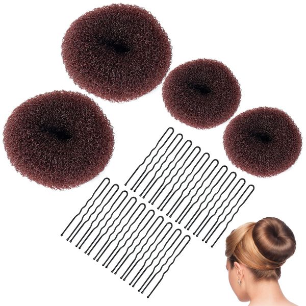 Sularpek Duttkissen Donut Hair Bun Maker Set 4 Stück - Frisurenhilfe Set,20 U-Form Haarspange Haarnadel, Duttkissen Haarstyling Haarschmuck für Kinder Mädchen Frauen (Braun)