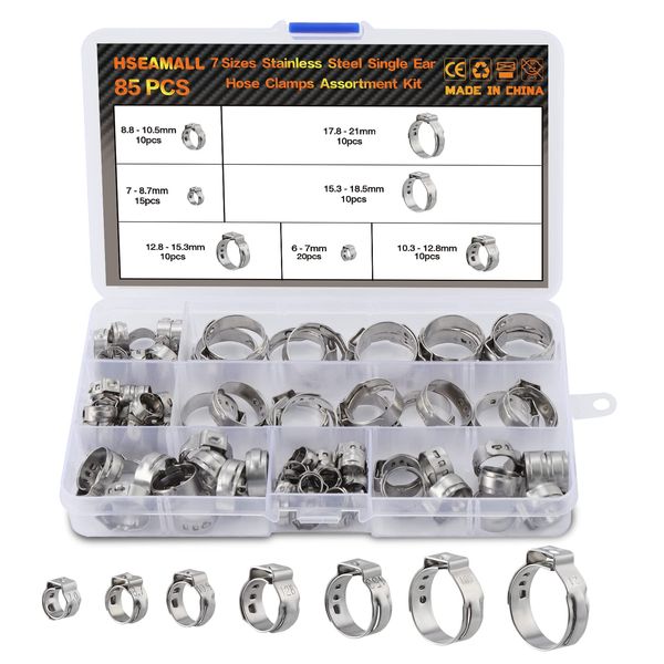 HSEAMALL 85PCS Stainless Steel Single Ear Stepless Hose Clamps,7mm-21mm Pipe Clamp Cinch Rings Fuel Line Clip