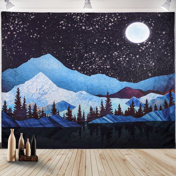 KissDate Mountain Wall Tapestry Moon Tapestry Forest Tree Tapestry Landscape Tapestry Stars Psychedelic Nature Wall Hanging Tapestries Home Decorations For Bedroom Living Dorm Room (150x130cm, Blue)