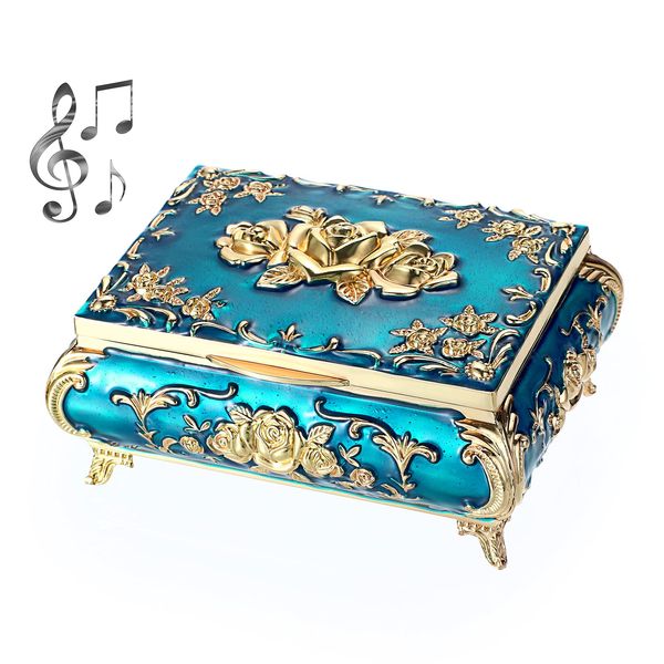 SUMNACON Metal Music Box Musical Jewelry Box Keepsake Box Case, Vintage Music Box Organizer Rose Embossed Musical Box for Christmas, Birthday, Valentines Day (Tune:You Are My Sunshine, Blue Gold)