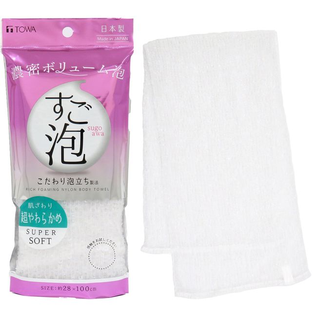 Towa Sangyo Body Towel, Super Foam, 4 Nylon Towel, Super Soft, White, Approx. 11.0 x 39.4 inches (28 x 100 cm)