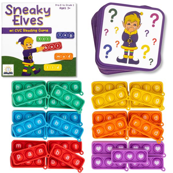 The Fidget Game Sneaky Elves CVC Sight Words Game, Mini Pop Sensory Toy to Learn and Spell, Educational Kindergarten Classroom Activities, Multisensory Reading and Phonics Flash Cards for 3+ Years