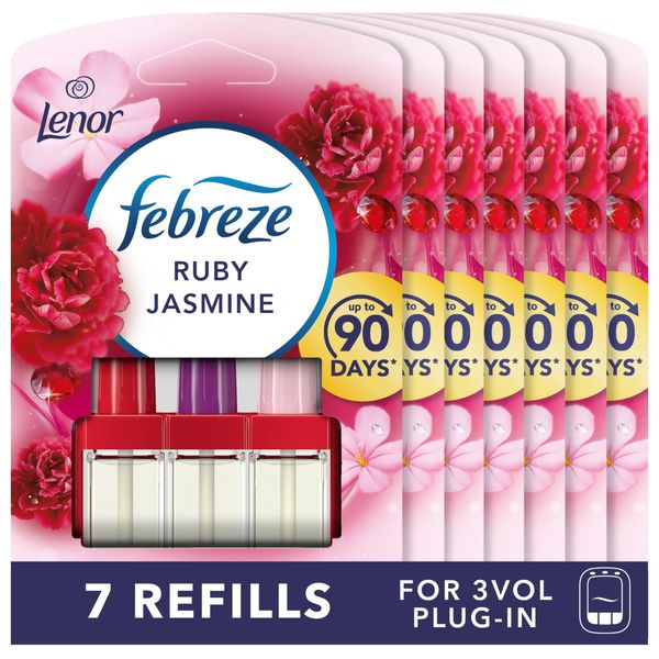 Febreze 3Volution Plug In Air Freshener Refill, 20ML X 7, Odour Fighter & Bathroom Air Freshener, Ruby Jasmine, Febreze Plug In Refill 3volution