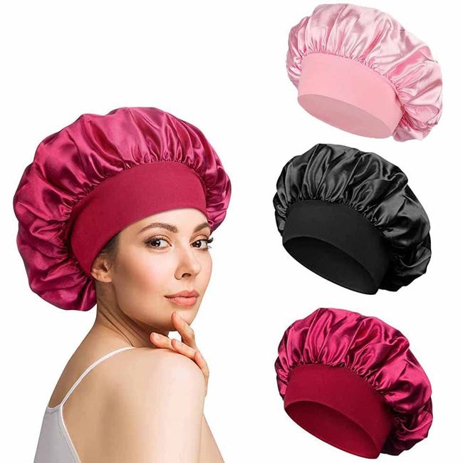 3pcs Satin Bonnet Sleep Cap Silk Night Sleep Caps Elastic Soft Sleeping Head Cover Soft Hair Wrap Bonnet Silk Satin Cap Breathable Sleep Hat for Women Curly Hair Keep Hair Style