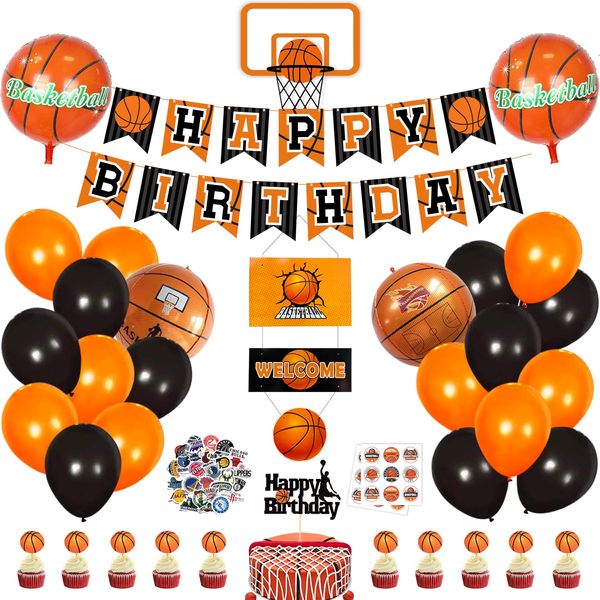 Basketball Party Decorations Birthday Party Supplies 95Pcs HAPPY BIRTHDAY Banner PARTY! Foil Balloons Basketball Hoop Stickers Basketball Foil Balloons BlackOrange Latex Balloons Door Sign