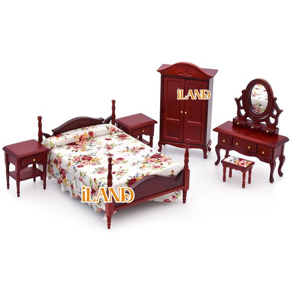 iLAND Wooden Dollhouse Furniture 1/12 Scale, Dollhouse Bedroom Furniture in Mahogany Color incl Dollhouse Bed & Dressing Table & Wardrobe (Classical Miniature Furniture 6pcs)