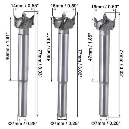 uxcell Forstner Wood Boring Drill Bits 14mm 15mm 16mm Dia. Hole Saw Carbide Alloy Steel Tip Round Shank Cutting for Hinge Plywood Wood Tool 3in1 Set