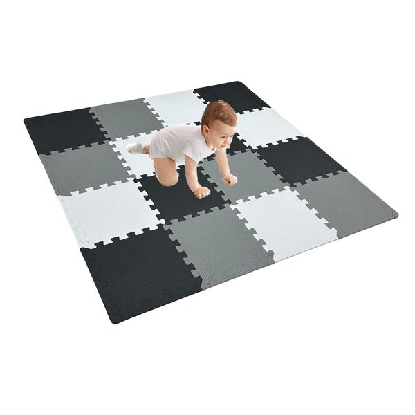 16 Pieces Foam Play Mat with Border, Interlocking Playmat Tiles, Foam Floor Mat Tiles for Kids, Puzzle Play Mat, Exercise Gym Mats – Color of Black & Grey & White