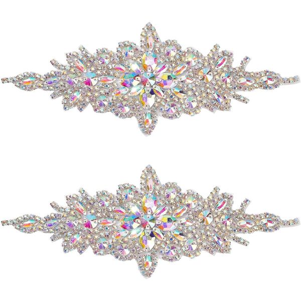 FINGERINSPIRE 2PCS Rhinestone Applique Patches (Silver, 240x95mm) Glitter AB Color Crystal Rhinestone Iron On Patches Flower Wedding Belt Applique Hotfix Rhinestone Patches for Women Bridal Dress