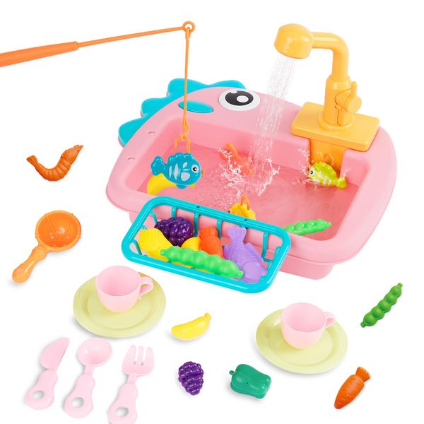 Kitchen Sink Toys Pretend Kitchen Toys for Kids with Tableware Accessories Vegetable Fruit Fishing Games for Toddlers Kids Kitchen Play Set with Running Water Gift for Girls and Boys Pink