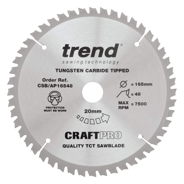 Trend Aluminium & Plastic Circular Saw Blade, 165mm Diameter, 20mm Bore, 48 Teeth, TCT, 2mm Kerf, -6° Hook, CSB/AP16548