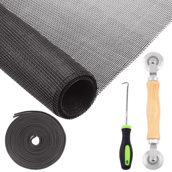 Rustark 4Pcs Black Window Screen Door Repair Replacement Includes 120x250cm Fiberglass Window Screen Mesh Spline Rolling Tool Screen Retainer Spline Remover Hook for Windows Flex Screen