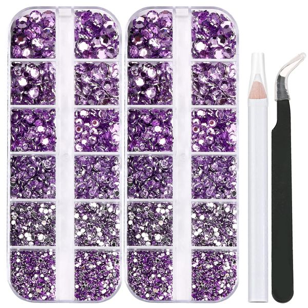 5320 Pieces Flat Back Gems Round Crystal Rhinestones 6 Sizes (1.5-6 mm) with Pick Up Tweezer and Rhinestones Picking Pen for Crafts Nail Face Art Clothes Shoes Bags DIY (Light Purple)