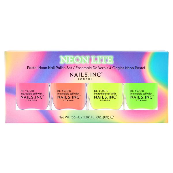 Nails.INC Neon Lite Nail Polish Set, Long Lasting Nail Color, Cruelty Free, Vegan, Includes Electric Parade, Brighton Grove, Sunlight Square, Lightcliffe Road