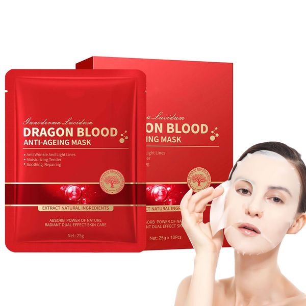 Tkekruh 10PC Face Masks with Dragon Blood Extract, Anti-Ageing, Beauty Face Mask, for Hydration and Firming the Skin to Reduce Fine Lines, Feuchtigkeitsspendende Verjüngende Maske Hydrating