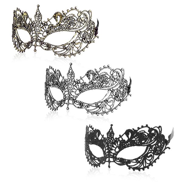 WLLHYF 3 Pieces Adult Masquerade Mask Mysterious Fun Lace Masks for Couples Women Men Lace Headpiece Disguise for Costumes Party Ball Prom Cosplay Photo Shoot (Black/Gold/Silver)