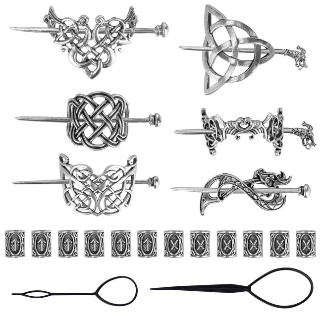 6Pcs Viking keltischen Haarspangen, Retro Silber keltischen Knoten Haarnadeln, Minimalistische Vintage Metall Haar Stick Haarnadeln mit 12 Viking Haar Perlen, Haar-Accessoires Barrettes für Frauen