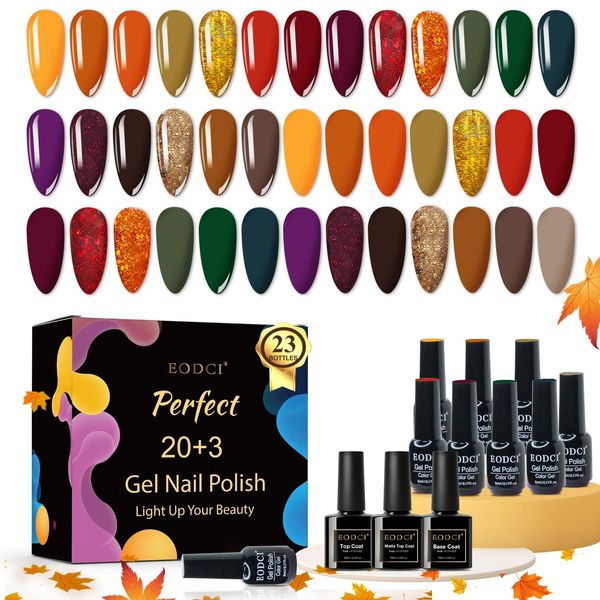 eodci Gel Polish Nail Set 20 Colors with 3Pcs Glossy & Matte Top Coat and Base Coat, Orange Brown Burgundy Green Sparkle Glitters Colorful Gel Polish Set For Mother's Day