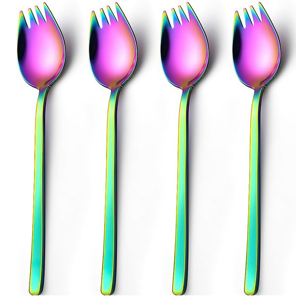 tiokin Sporks,Salad Forks 18/10 Stainless Steel Dessert Forks 7.4 Inches Set of 4 Long Handle Ice Cream Spoons Flatware Set Reusable Fruit Appetizer Dessert Forks for Household Use or Camping