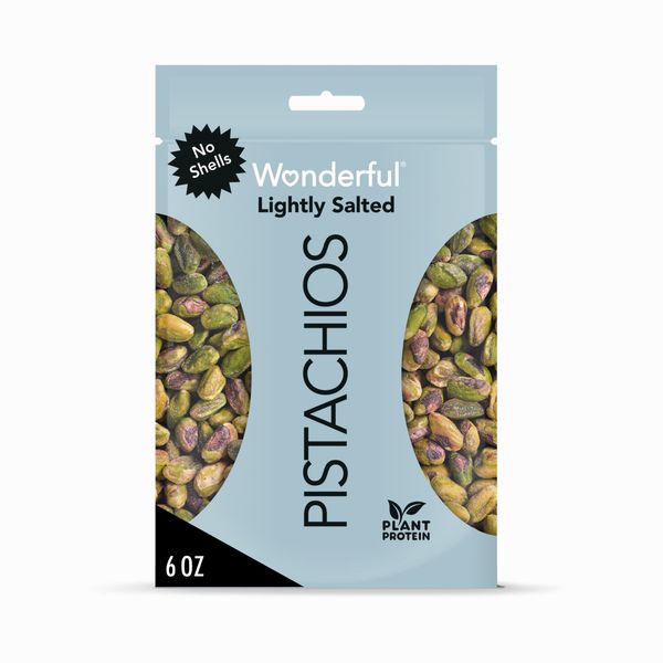 Wonderful Pistachios No Shells, Roasted and Lightly Salted Nuts, 6 Ounce Resealable Bag, Healthy Snack, Gluten Free, Protein Snack, Pantry Staple