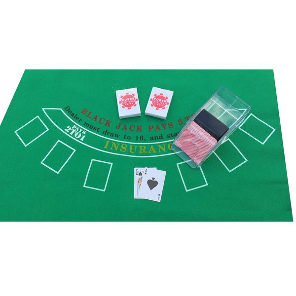 POKER CHIP SHOP BLACKJACK SET WITH FELT + 2 X CARDS + BLACK JACK CARD DISPENSER