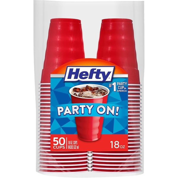 Hefty Party On Red Plastic Cups, 18oz, 50ct, Disposable Party Cups