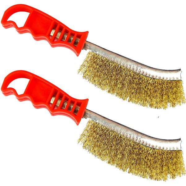 Wire Brush Set of 2, Long Handled Brass Coated Wire Brush for Rust Remover and Paint Cleaning, General Purpose Steel Brush