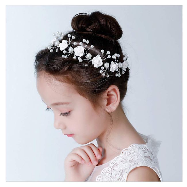 IYOU Princess Communion Headpiece Flower White Headband Pearl Hair Vine Bridal Wedding Hair Accessories for Flower Girls
