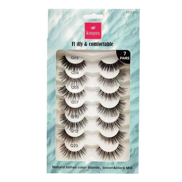 Kooyou Classic Natural False Eyelashes,7 Pairs Fake Eyelashes,Volume、Cat 、Extra Long、Thick Sunflower、Wispy Fox Fake Eye Lashes,Natural Brown&black Mix Matter PBT,Reusable Adhesive Eyelashes,#Mixed