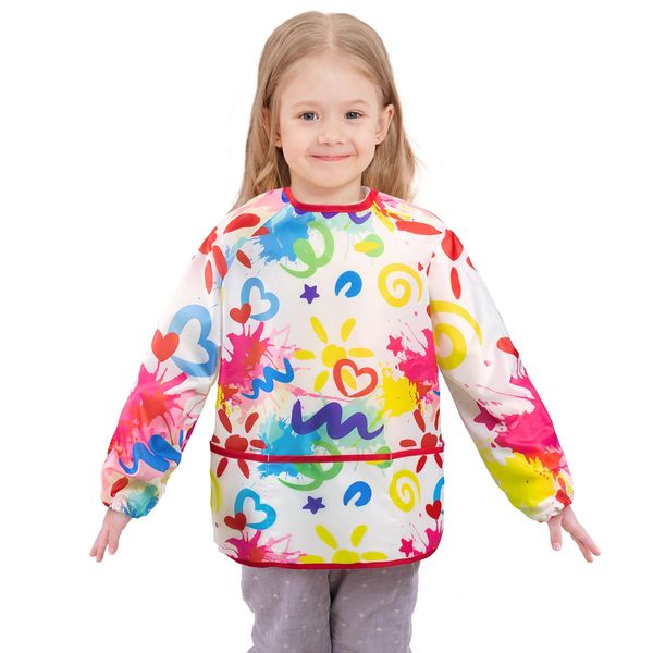 WERNNSAI Doodle Toddler Smock - Kids Arts Smocks for Girls Ages 3-8 Years Waterproof Painting Artist Smocks Eating Cooking Baking Gardening Chef Apron for Kids with Long Sleeve and 3 Pockets