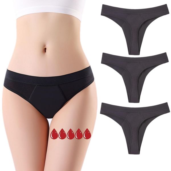 ZVZK Perioden Unterwäsche Thongs Damen 20ML Starke Strömungsabsorption Menstruation Unterhosen Strings Tangas(M 3schwarz)