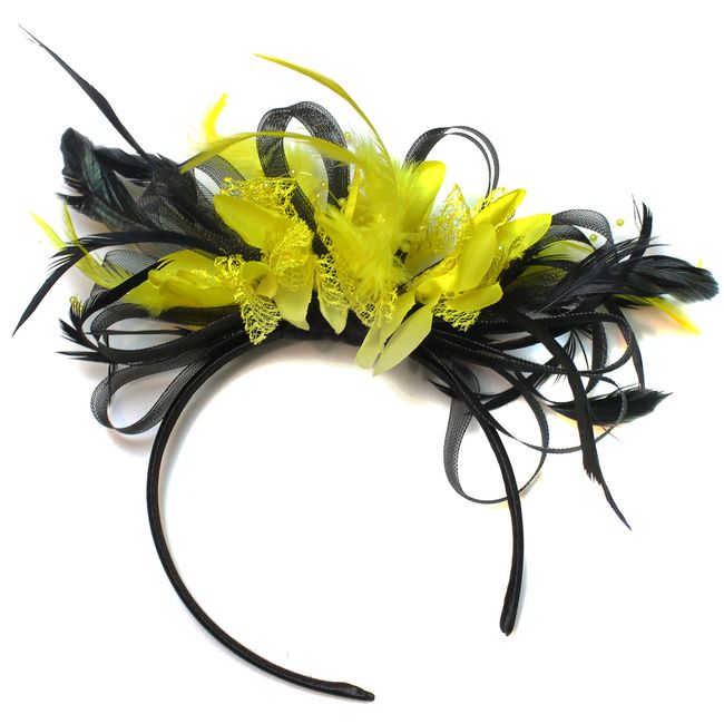 Caprilite Fashion Black and Yellow Net Hoop Feather Hair Fascinator Headband Wedding Royal Ascot Races