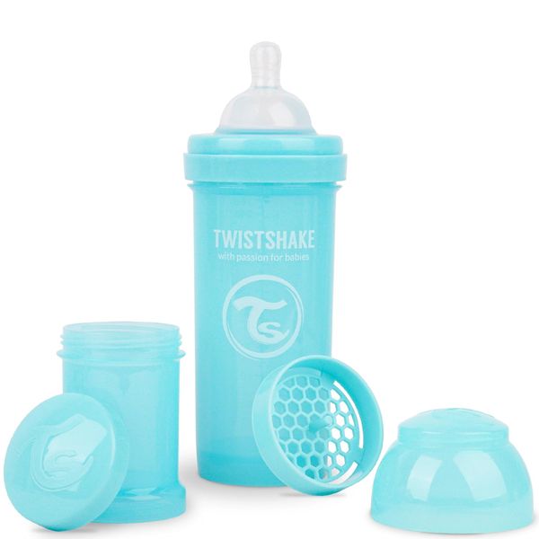 Twistshake Anti-Colic Baby Bottle with Milk Powder Container and Mixer - 260ml | Medium Flow Silicone Breast-Like Nipple | BPA- Free Baby Milk Bottle | Suitable for 2+ Month Babies | Pastel Blue