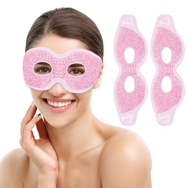 2 PCS Ice Eye Mask Reusable Ice Pack for Eyes,Hot Cold Compress Gel Bead Cooling Eye Mask with Eye Hole for Puffiness/Dark Circles/Eye Bags/Dry Eyes/Headaches/Migraines/Stress Relief (Pink)