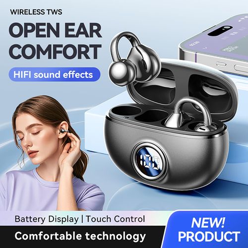 QJF Clip on Earbuds, Open Ear Wireless Bluetooth 5.4 Air Conduction Headphones with Mic, Waterproof,Sports Ear Buds,Comfortable for Small Ears, Glasses Wearers,Workouts (Black)