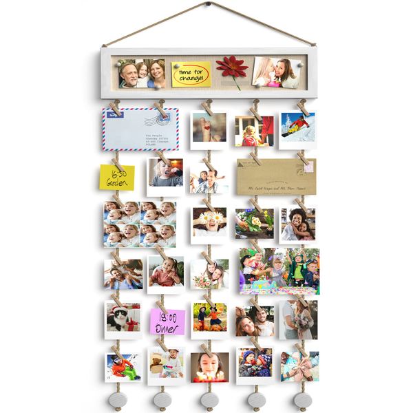 Bikoney Collage Picture Frames Hanging Photo Display Multi Pictures Organizer with Wood Bulletin Board Photo Board 30 Clips and 6 Pushpins for Room Wall Decor (White)