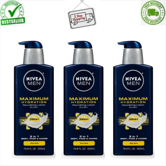 NIVEA MEN Maximum Hydration Body Lotion 3-in-1 Lotion for Men, 16.9 Fl Oz, 3Pack