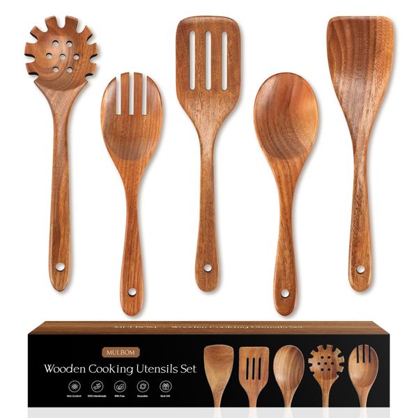 MULBOM 5 PCS Wooden Spoons for Cooking Natural Teak Kitchen Utensils Smooth Non-Stick Surface Cooking Utensils Set Perfect for Housewarming and Kitchen Gift