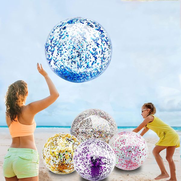 TURNMEON 5 Pack Sequins Beach Ball Jumbo Pool Toys Balls 16 Inch 24 Inch Giant Confetti Glitters Inflatable Clear Beach Ball Swimming Pool Water Beach Toys Outdoor Summer Party Favors for Kids Adults