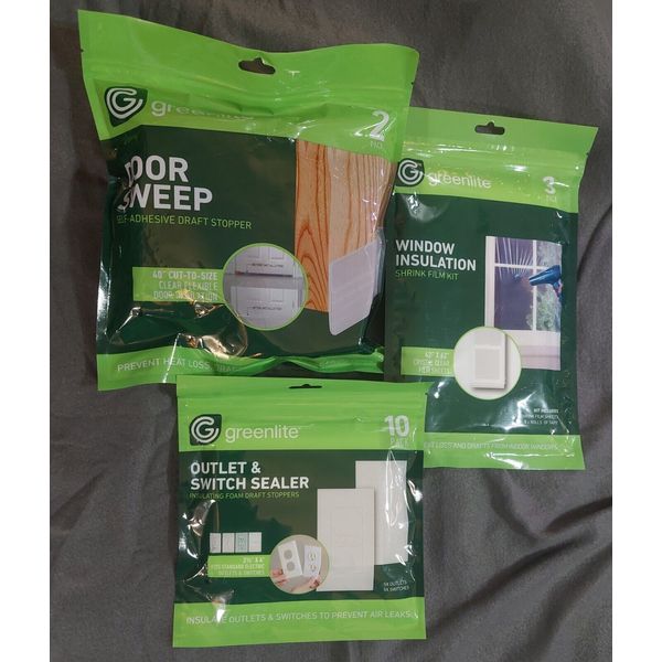 Lot of 3 Packages Greenlite Insulations. Door Sweep Draft Stopper Window Outlets