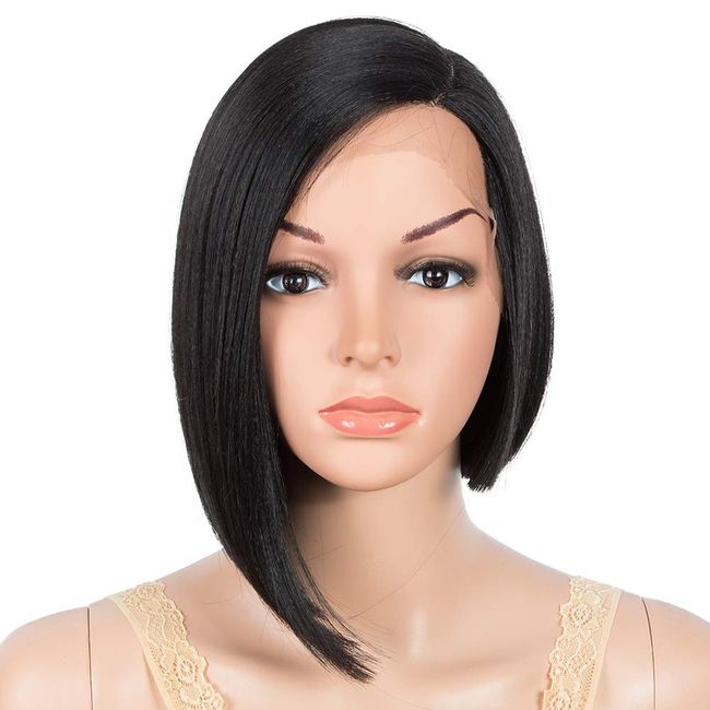 JOEDIR HAIR Bob Lace Front Wigs for Women Asymmetrical Bob Wig Side Part Lace Wig Black Short Straight Hair Blunt Cut Bob Synthetic Heat Resistant Hair (Color: 1B)