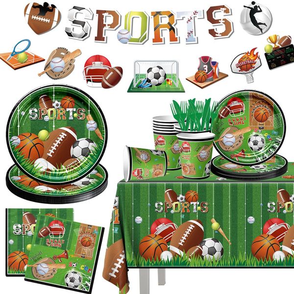 Dydamud Sports Themed Birthday Party Supplies,142pcs Sports Tableware Include Soccer Basketball Party Plates Cups Napkins Sports Tablecloth Banner for All Star Birthday Decorations (Serves 20)