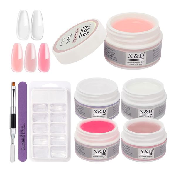 X&D Gel Nail Polish Kit Polygel Quick Dry Natural Clear 5 Colors Nail Extension with Dual Forms, Brush, File Set