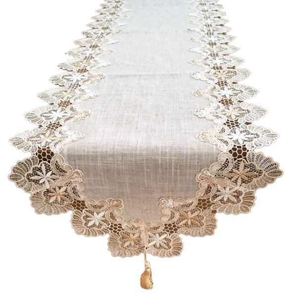 SweetBaku European Lace Trim Table Runner with Tassel Table Center Cross Mat Dining Table Living Room Bedroom 45x150cm (Beige Lace)