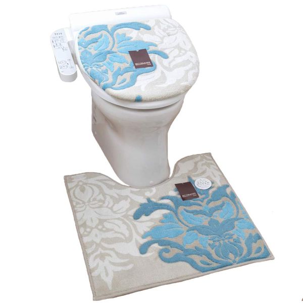 Gray Beige x Turkish Blue Samira Special 2-Piece Toilet Mat & Multi-Purpose Lid Cover Set, Stylish, Cute, Damask Arabesque