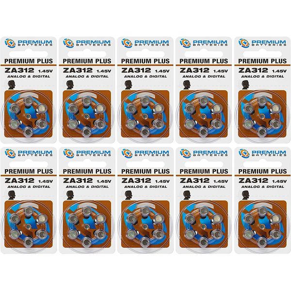 Premium Batteries Size 312, ZA312, PR41, P312 1.45V Zinc Air Hearing Aid Batteries Brown Tab (60 Batteries)