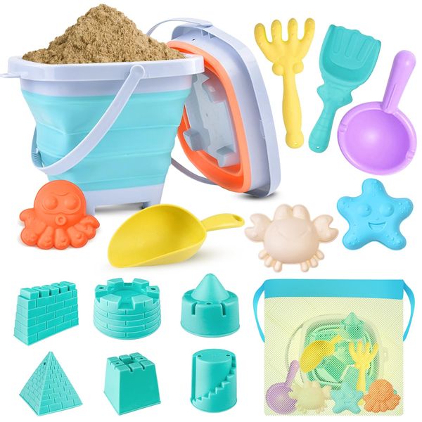 YZNlife 16pcs Beach Toy Set, Foldable Beach Bucket with Castle and Sea Animals Molds Sand Shovels Mesh Bag,Beach Toys for Kids Outdoor Fun Sand Tools for Kids Boys Girls