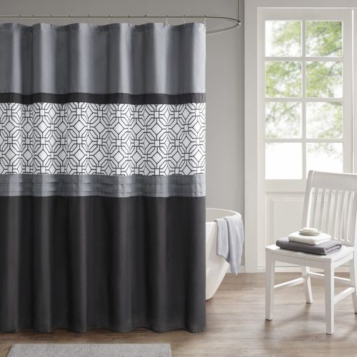 510 DESIGN Shower Curtain, Geometric Textured Embroidery Design with Built-in Liner, Modern Mid-Century Bathroom Decor, Machine Washable, Fabric Privacy Screen, 72x72, Donnel, Black/Grey