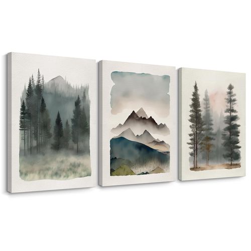 Mountain Forest Wall Art Decor Watercolor Landscape Canvas Pictures Natural Abstract Wall Art Painting Tree Forest Poster Prints Modern Artwork for Living Room Bedroom 12x16x3 Inch Wrapped Canvas