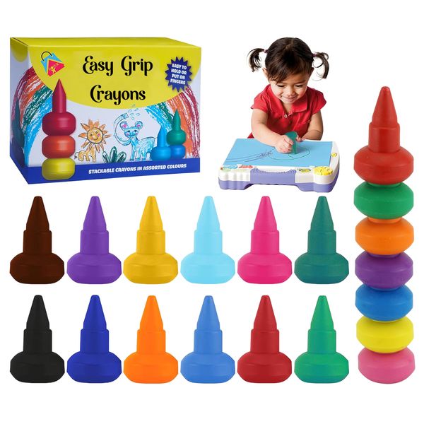 HOVUK 19Pcs Easy-Grip Colouring Crayons for Kids - Stackable, Non-Toxic, Washable Colours | Fun Art Supplies for Toddlers 12+ Months | Crayons for Drawing, Craft and Easter Xmas Summer Decorations